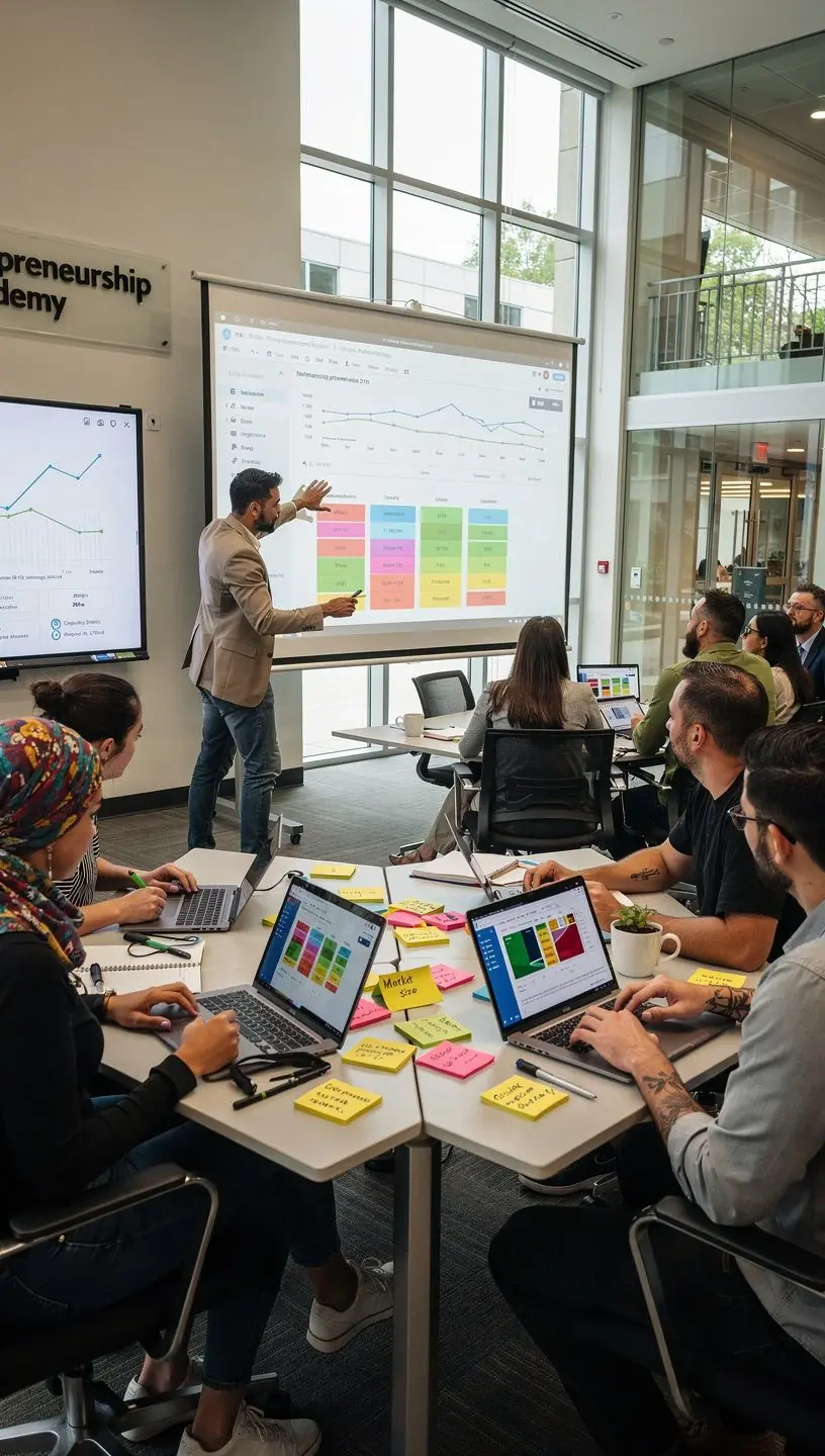 Eine inspirierende Lernumgebung mit Teilnehmern, die an einem Online-Kurs zur Unternehmensfinanzierung teilnehmen.