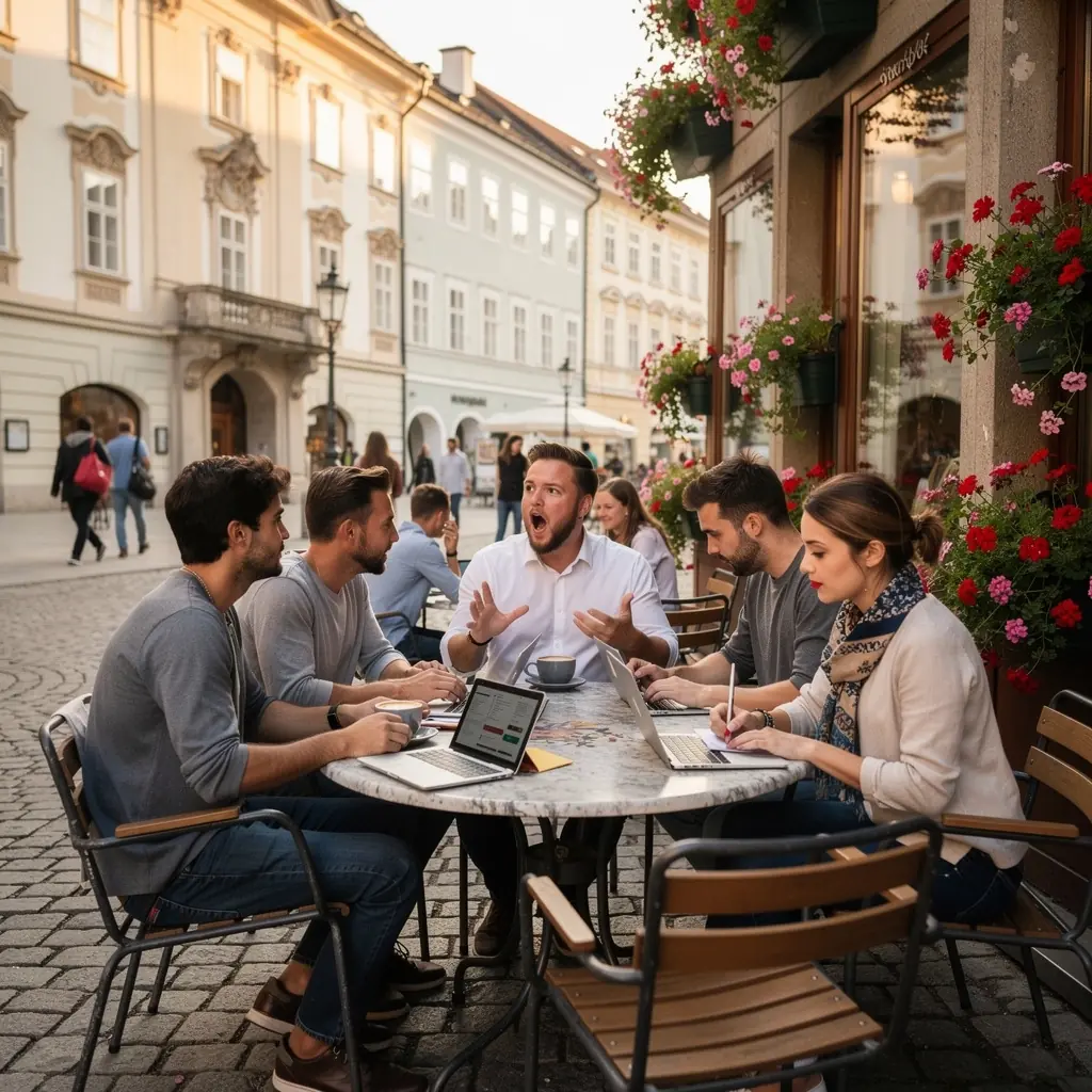Ein Gruppenmeeting von Unternehmern, die an einem Tisch sitzen und Ideen für ein neues Startup austauschen.