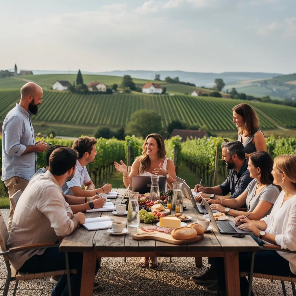 Eine Gruppe von Studierenden arbeitet gemeinsam an einem Geschäftsplan in einem modernen Klassenzimmer.