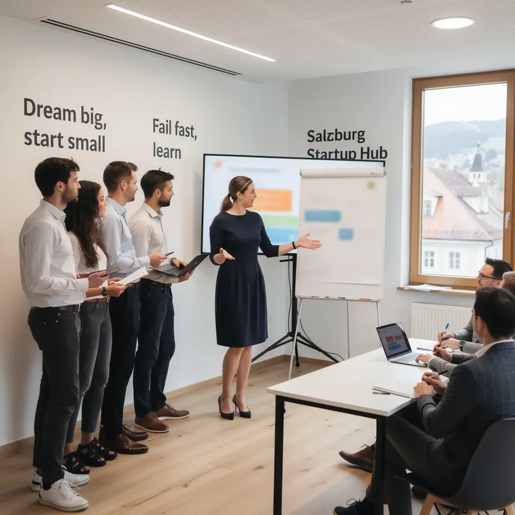 Eine Gruppe von Studierenden arbeitet gemeinsam an einem Geschäftsplan in einem modernen Klassenzimmer.
