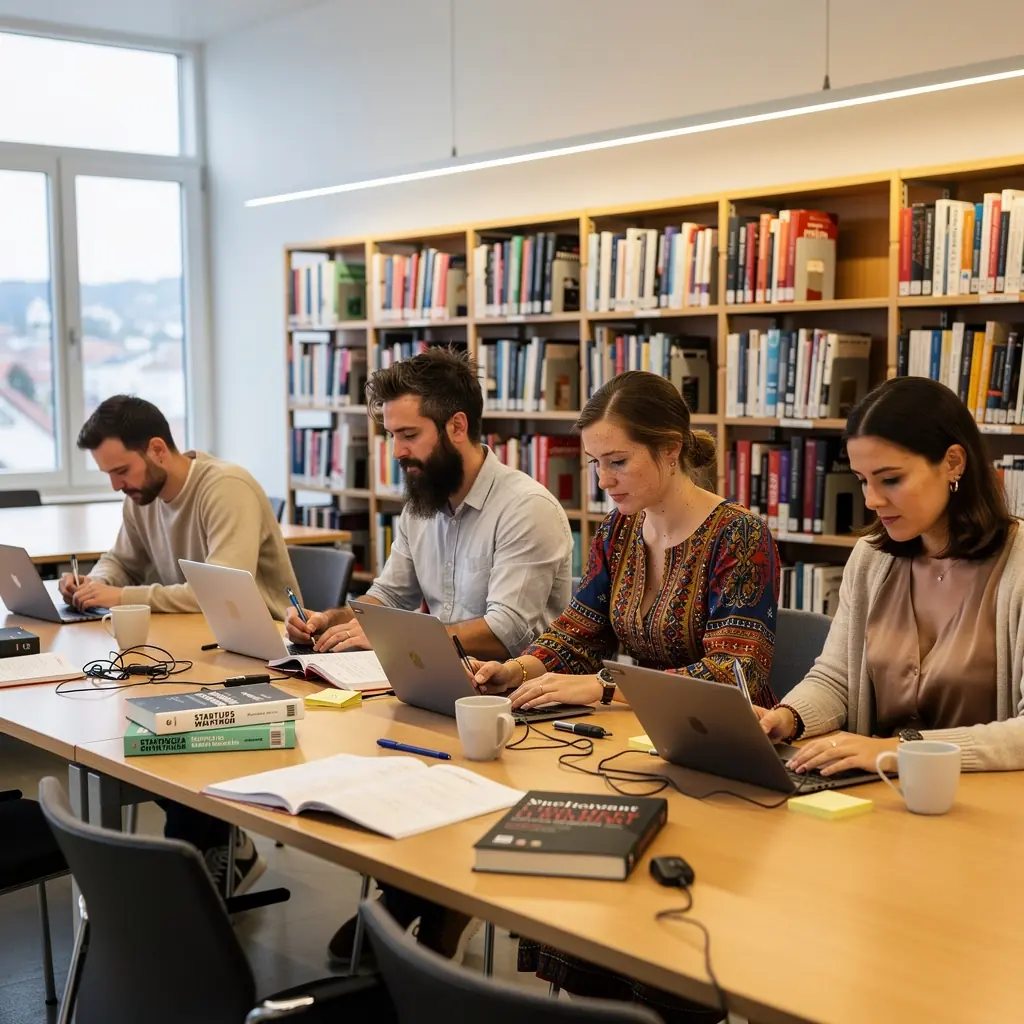 Eine Gruppe von Studierenden arbeitet gemeinsam an einem Geschäftsplan in einem modernen Klassenzimmer.