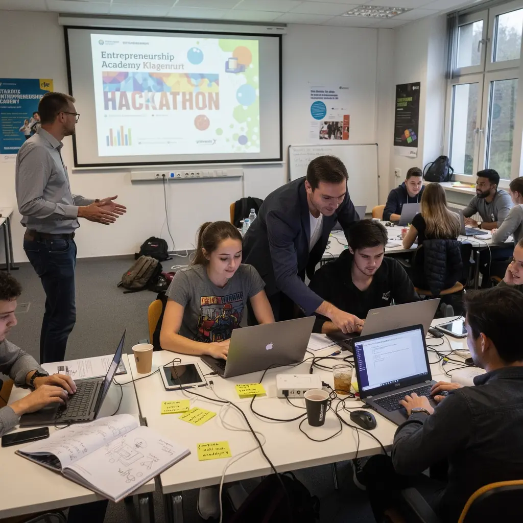 Eine Gruppe von Studierenden arbeitet gemeinsam an einem Geschäftsplan in einem modernen Klassenzimmer.