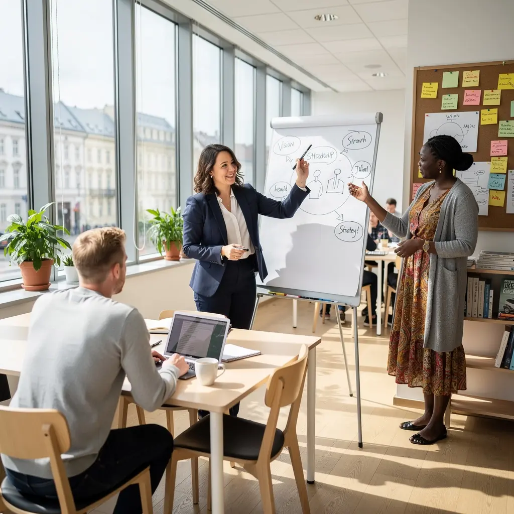 Ein motivierender Unternehmer präsentiert seine Geschäftsidee vor einer Gruppe von Investoren.